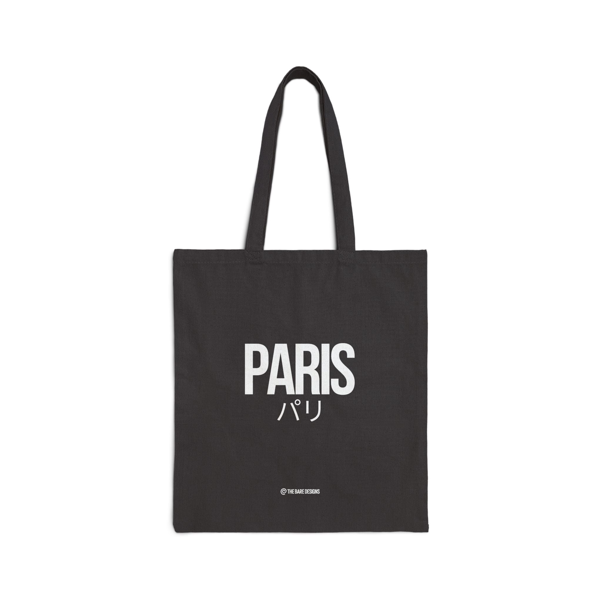 Black tote bag with 'PARIS' and Japanese characters on a white background