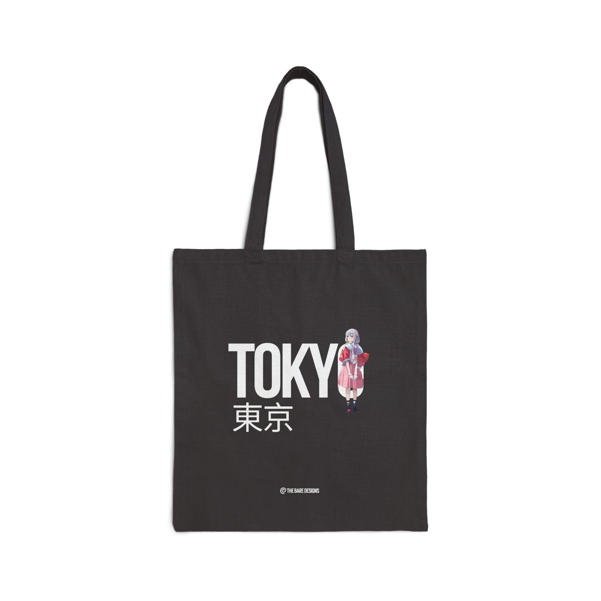 Black tote bag with 'TOKYO' text and an anime of a girl 