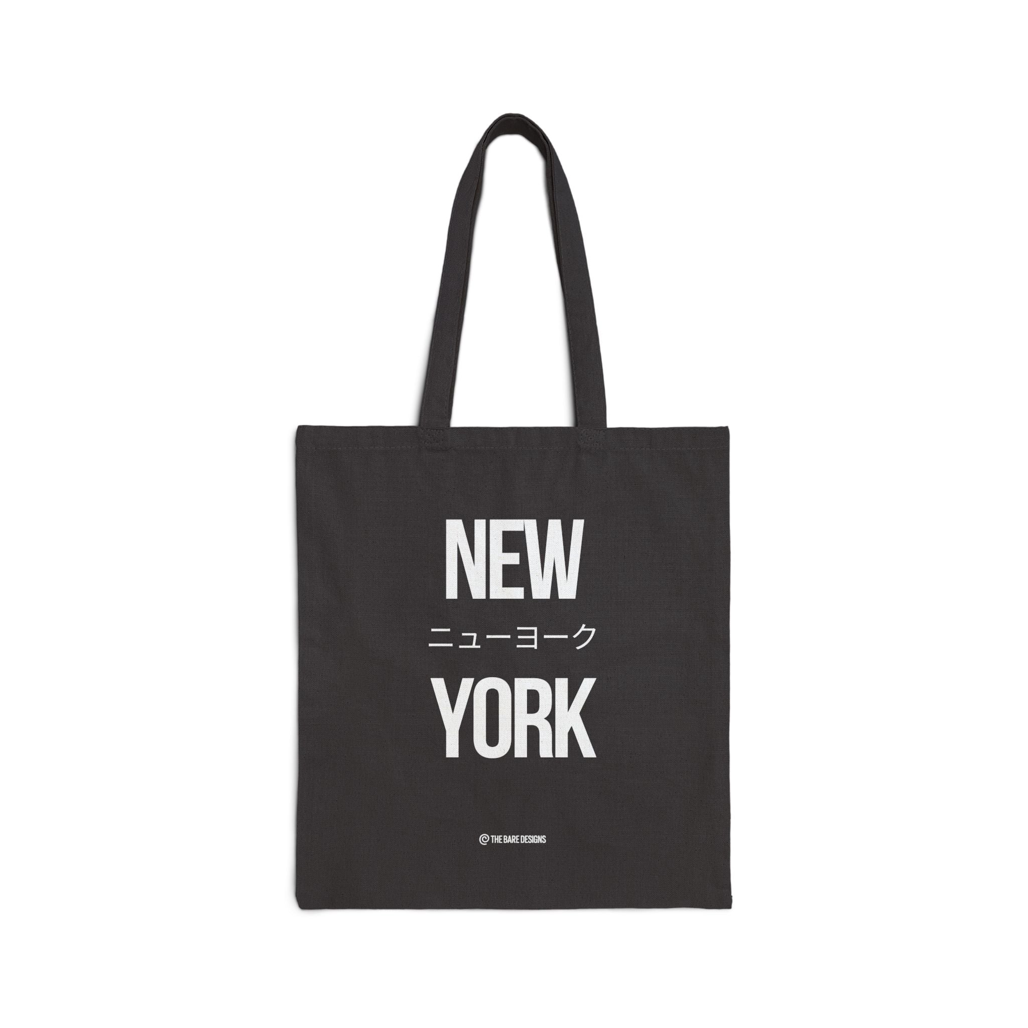 Black tote bag with "NEW YORK" graphic and its Japanese translation "ニューヨーク"