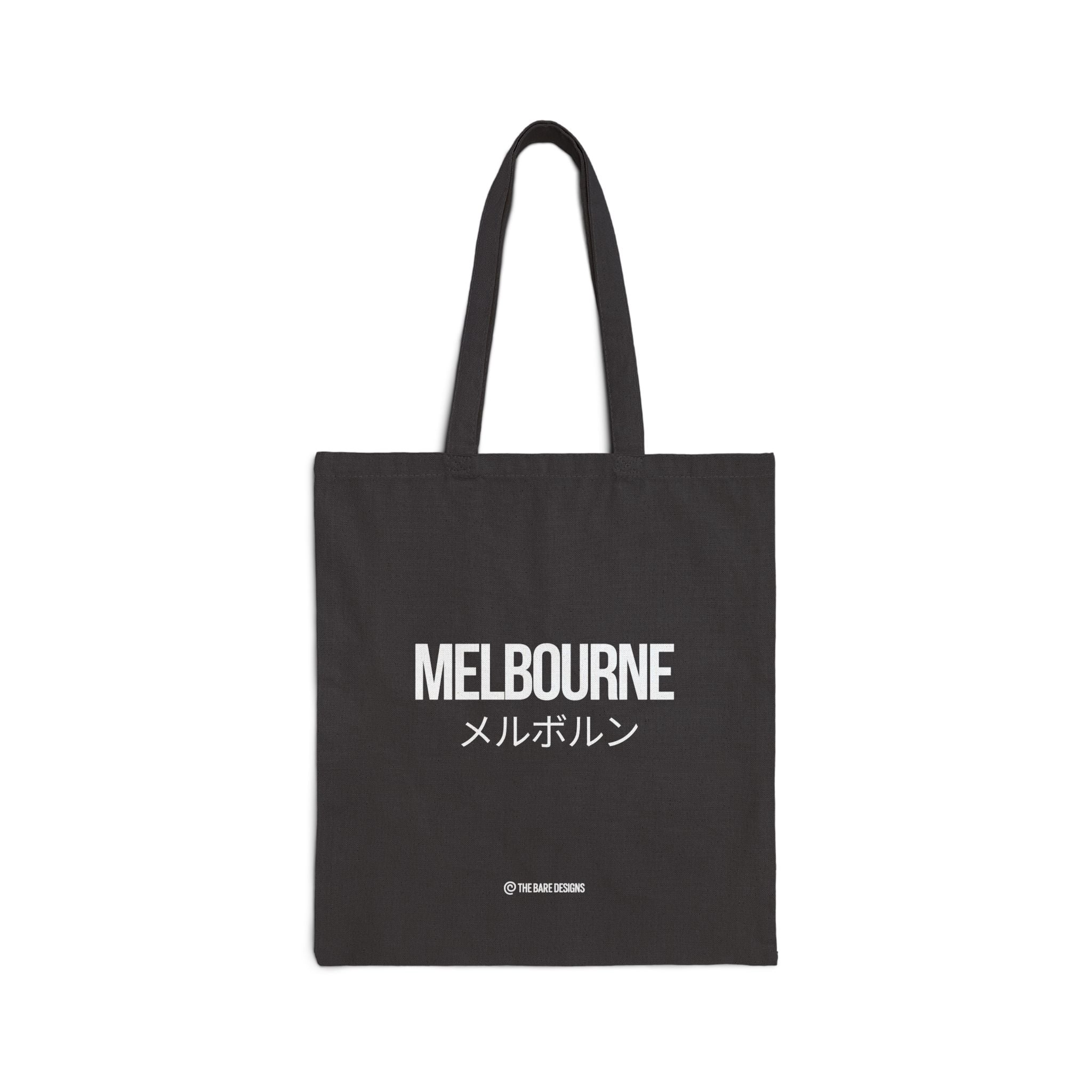 Black tote bag with 'MELBOURNE' text and additional japanese translation on a white background