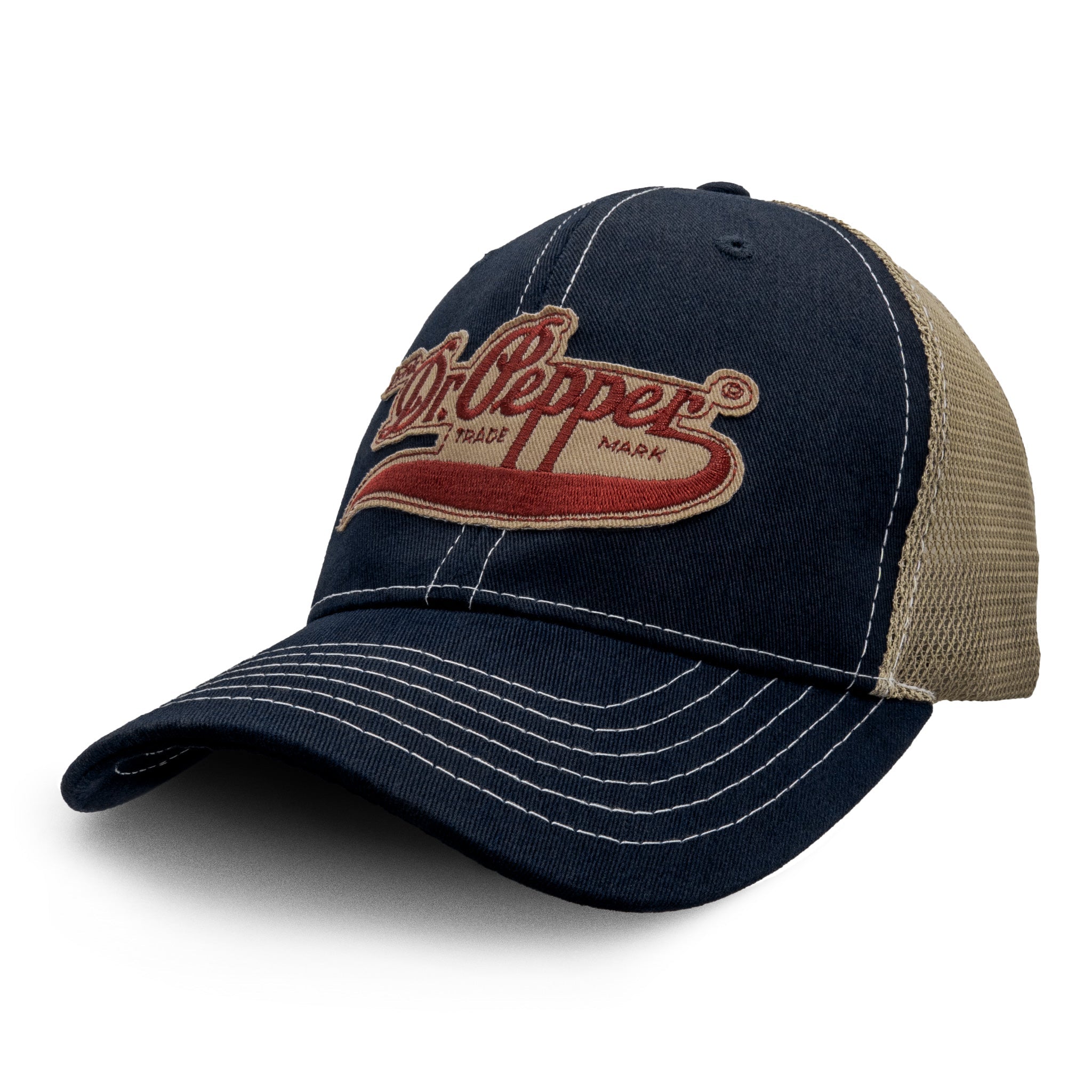 Navy blue and beige cap with Dr Pepper logo on a white background