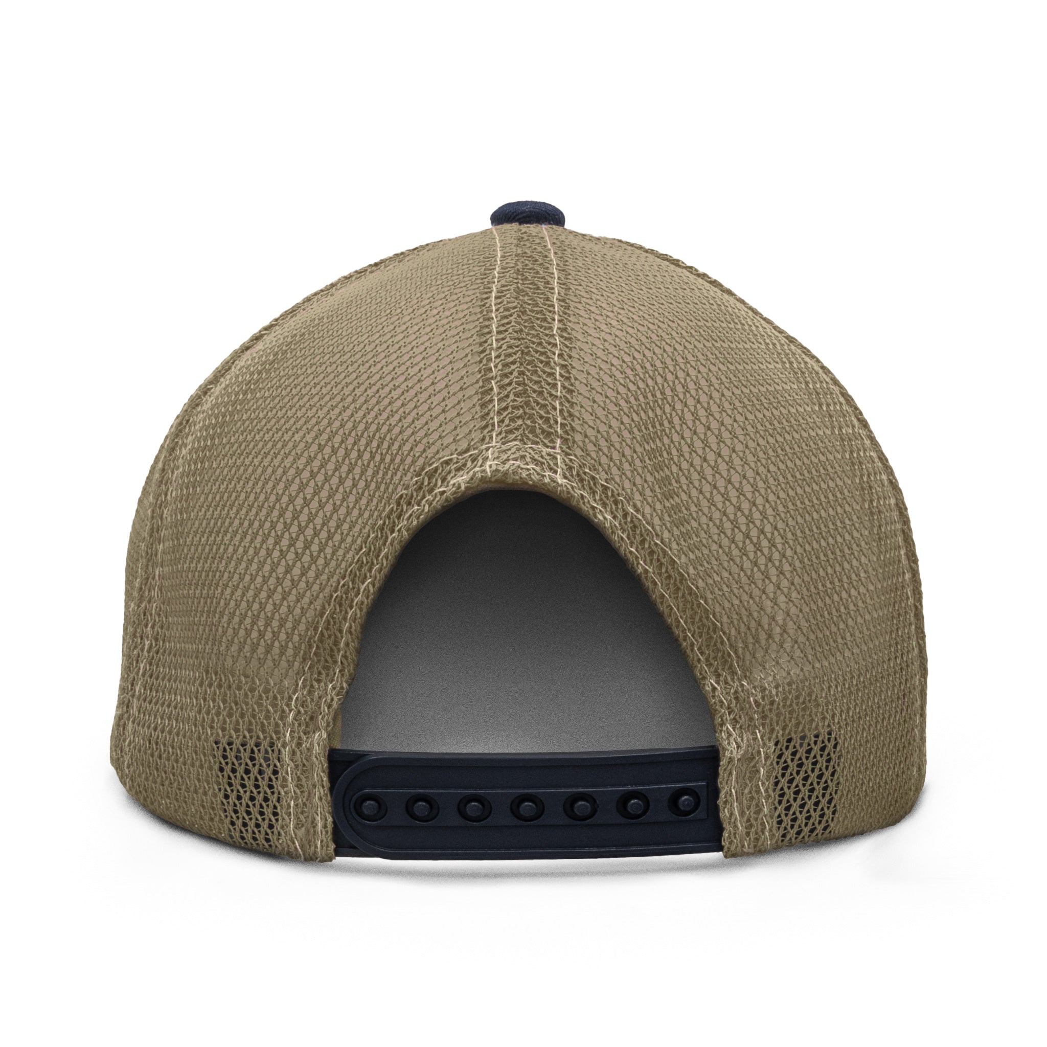 Back view of a brown mesh cap on a white background