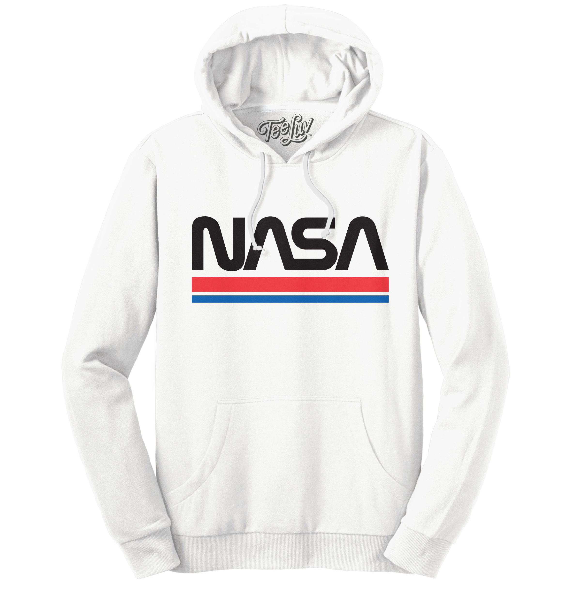White hoodie with vintage NASA logo on a white background