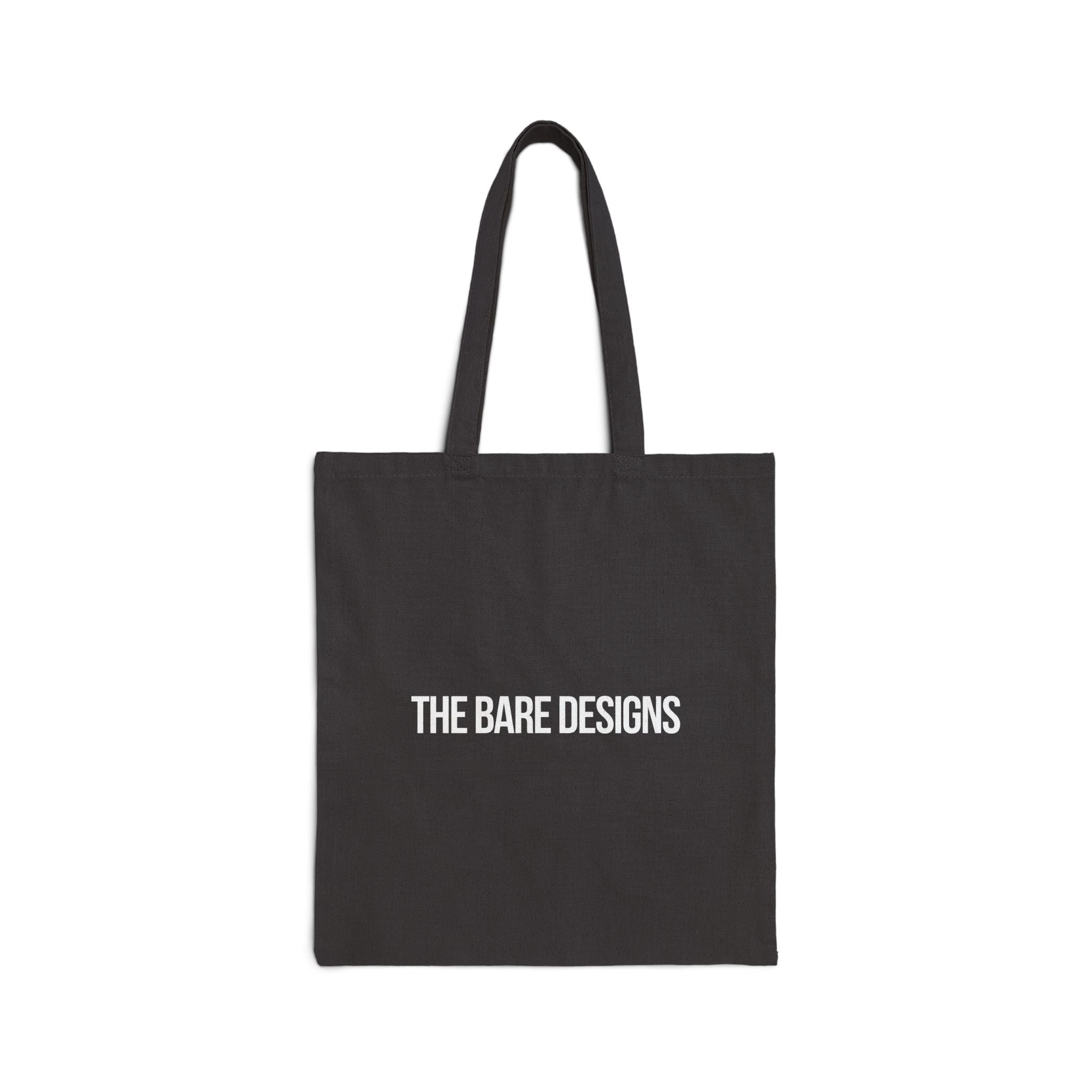Black tote bag with "THE BARE DESIGNS" in white lettering