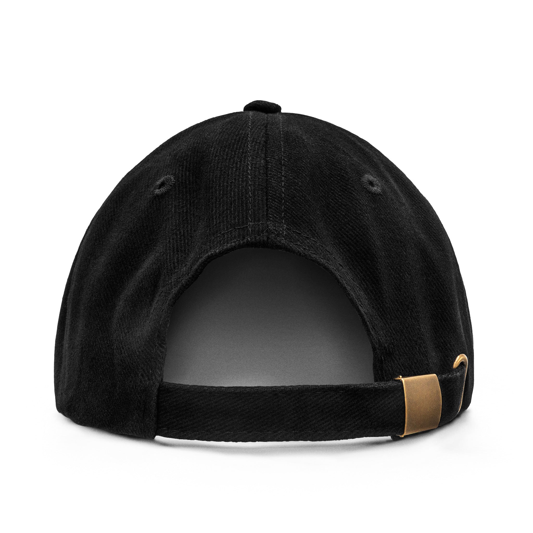Black cap with a brown strap on a white background