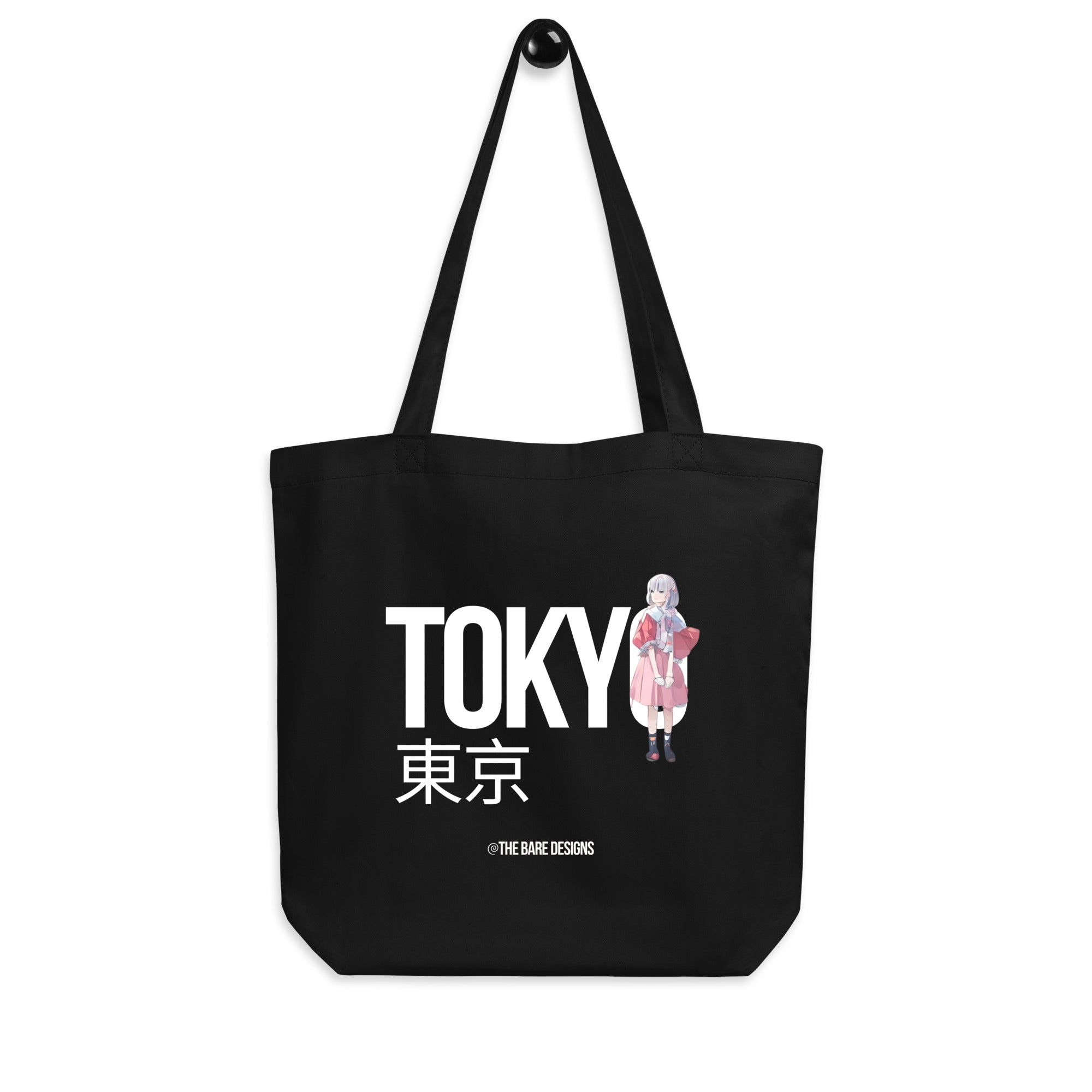 Black tote bag with "TOKYO" write letters and anime girl