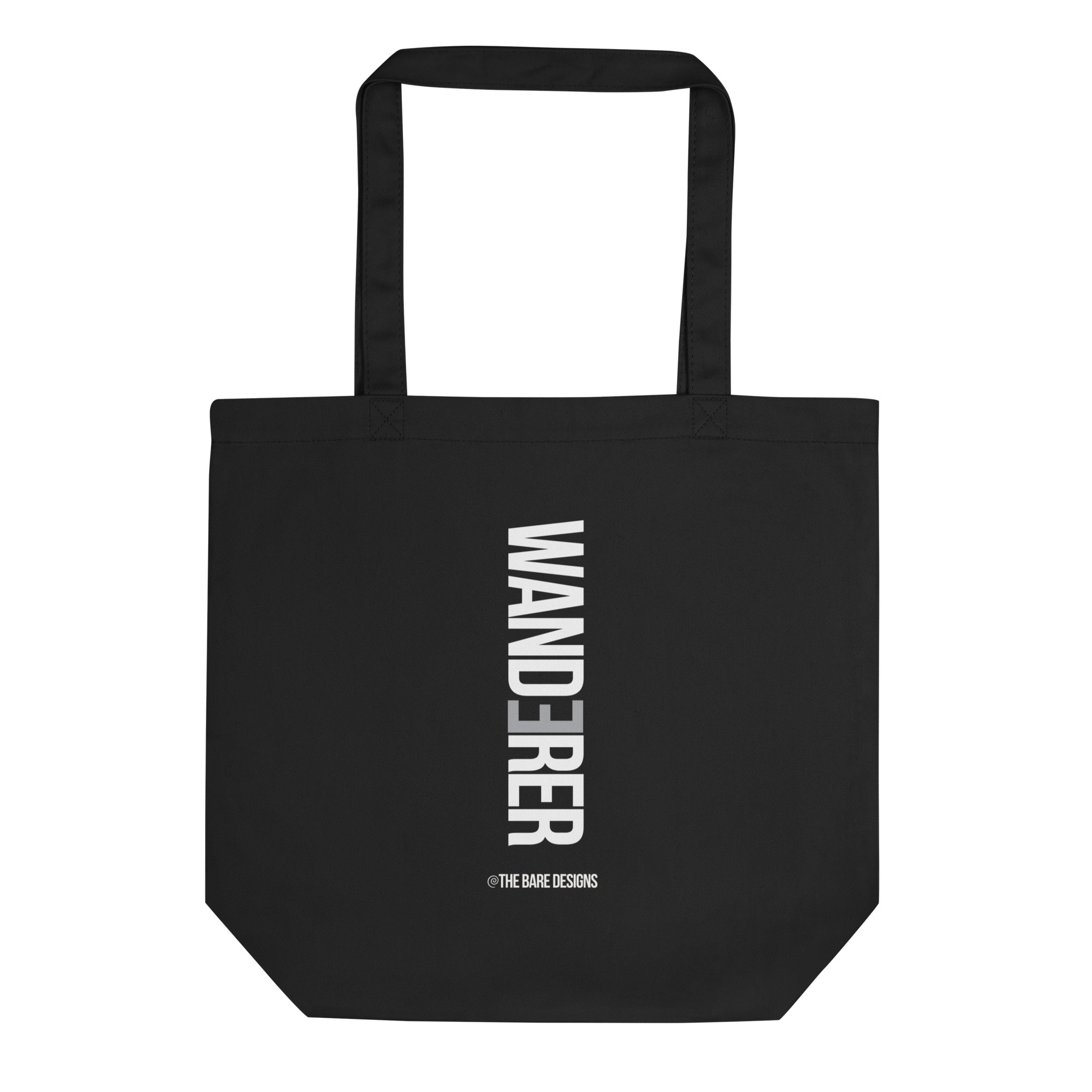 Black tote bag with 'Wanderer' text on a white background