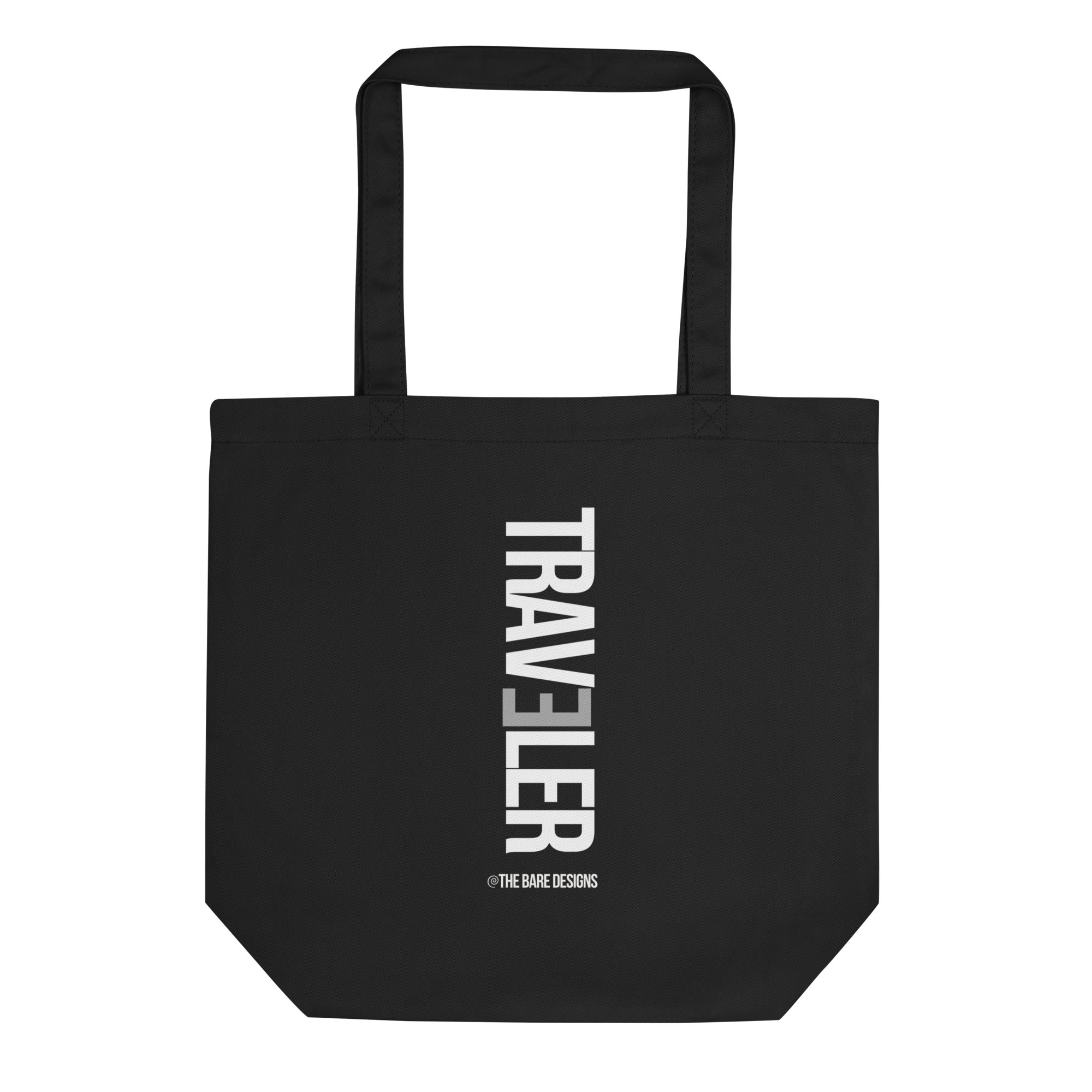 Black tote bag with "Traveler" written in bold write lettering.  Designed by the bare designs