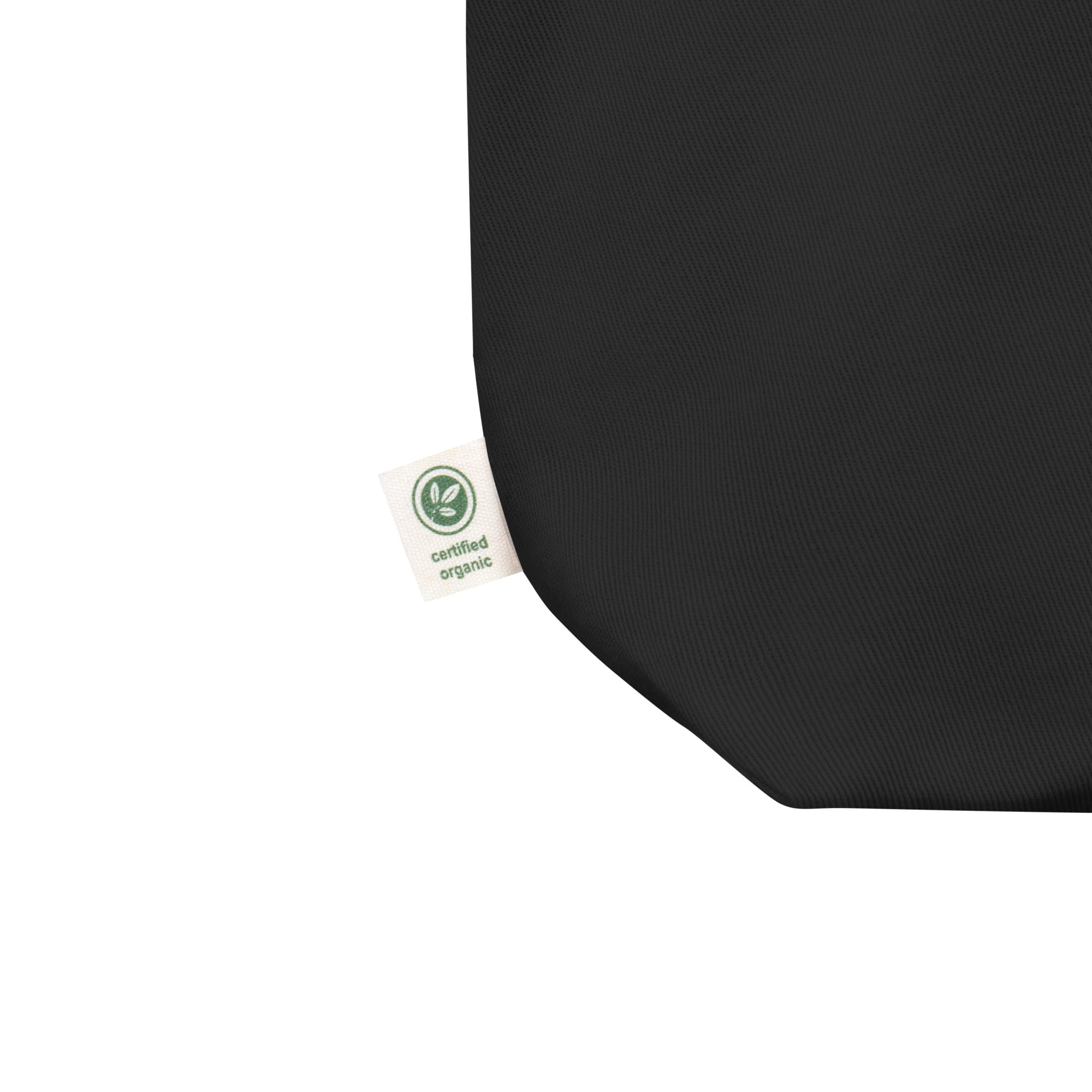 Black tote bag with a certified organic label 