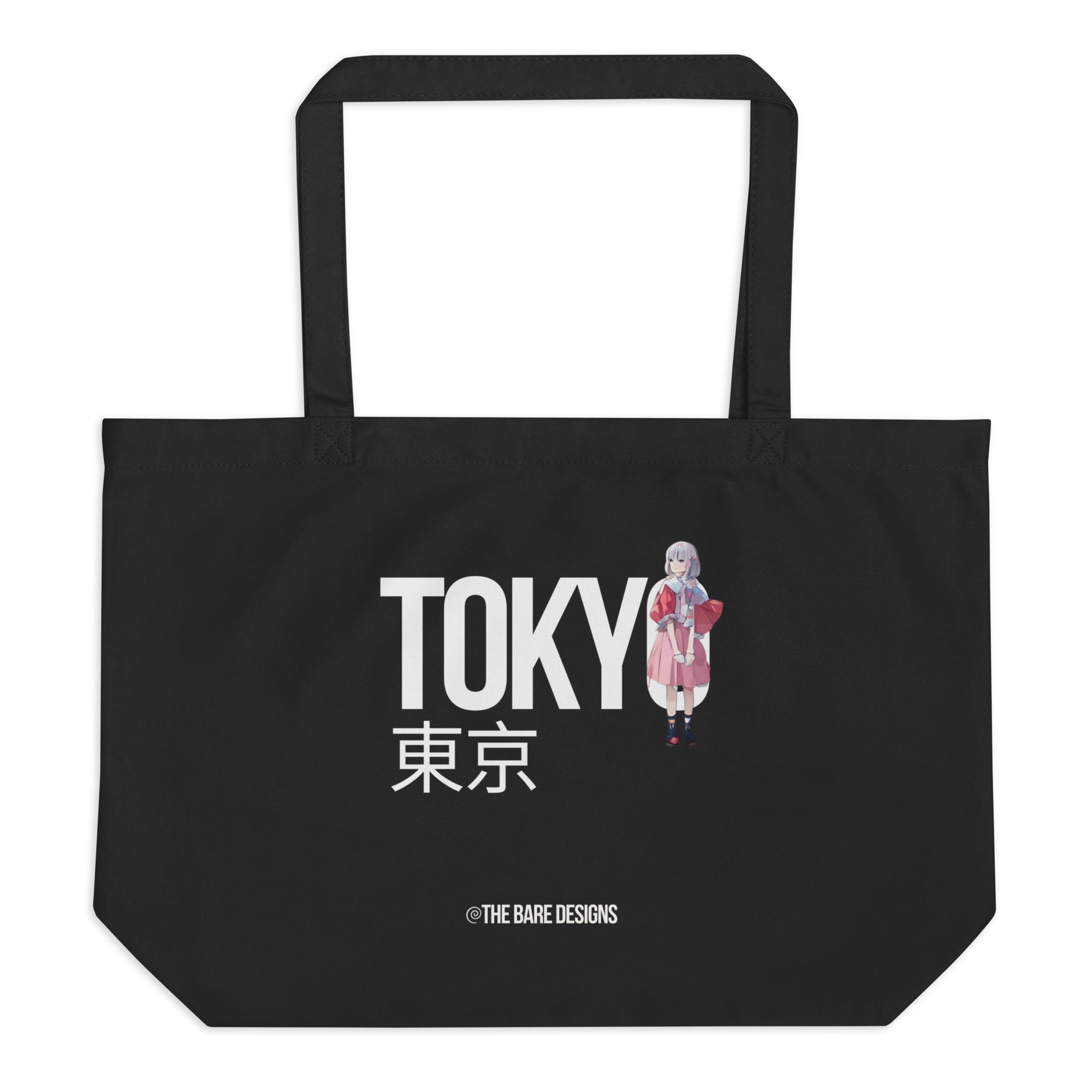 Large black tote bag with 'TOKYO' text and an anime of a girl  by The Bare Designs
