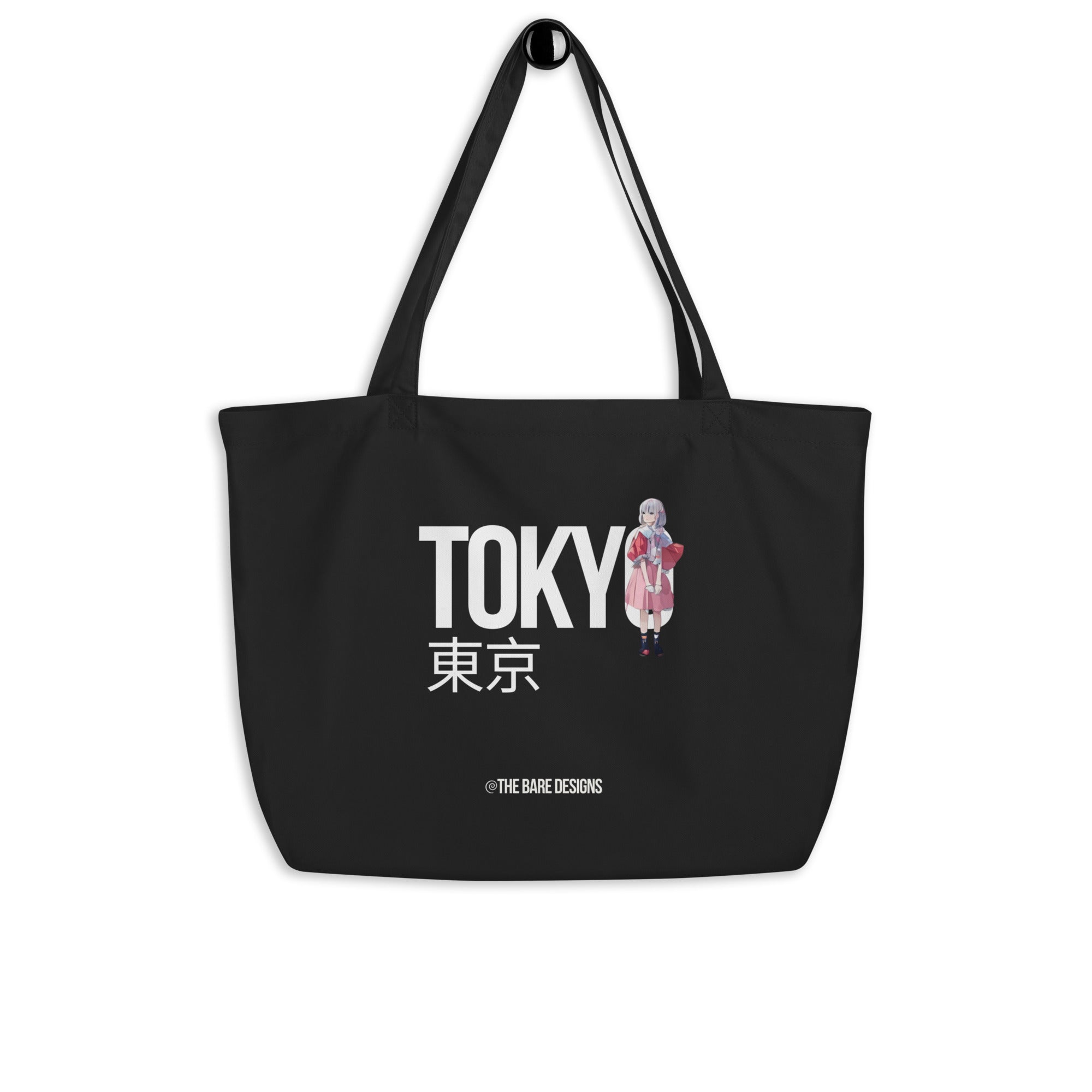 Large Black tote bag with 'TOKYO' text and an anime of a girl  available at The Bare Designs