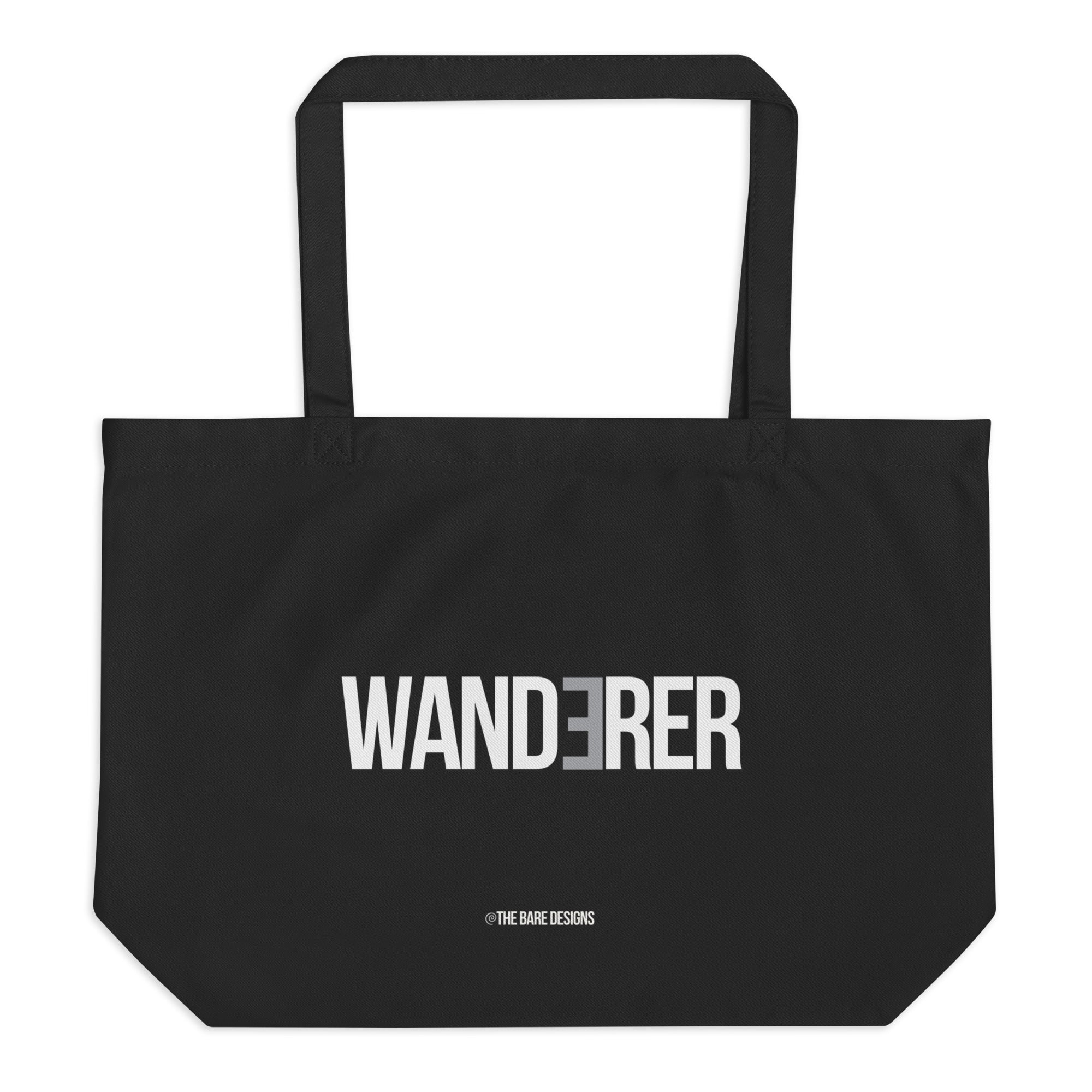 Black tote bag with "wanderer" written in bold cap white lettering.  Designed by the bare designs
