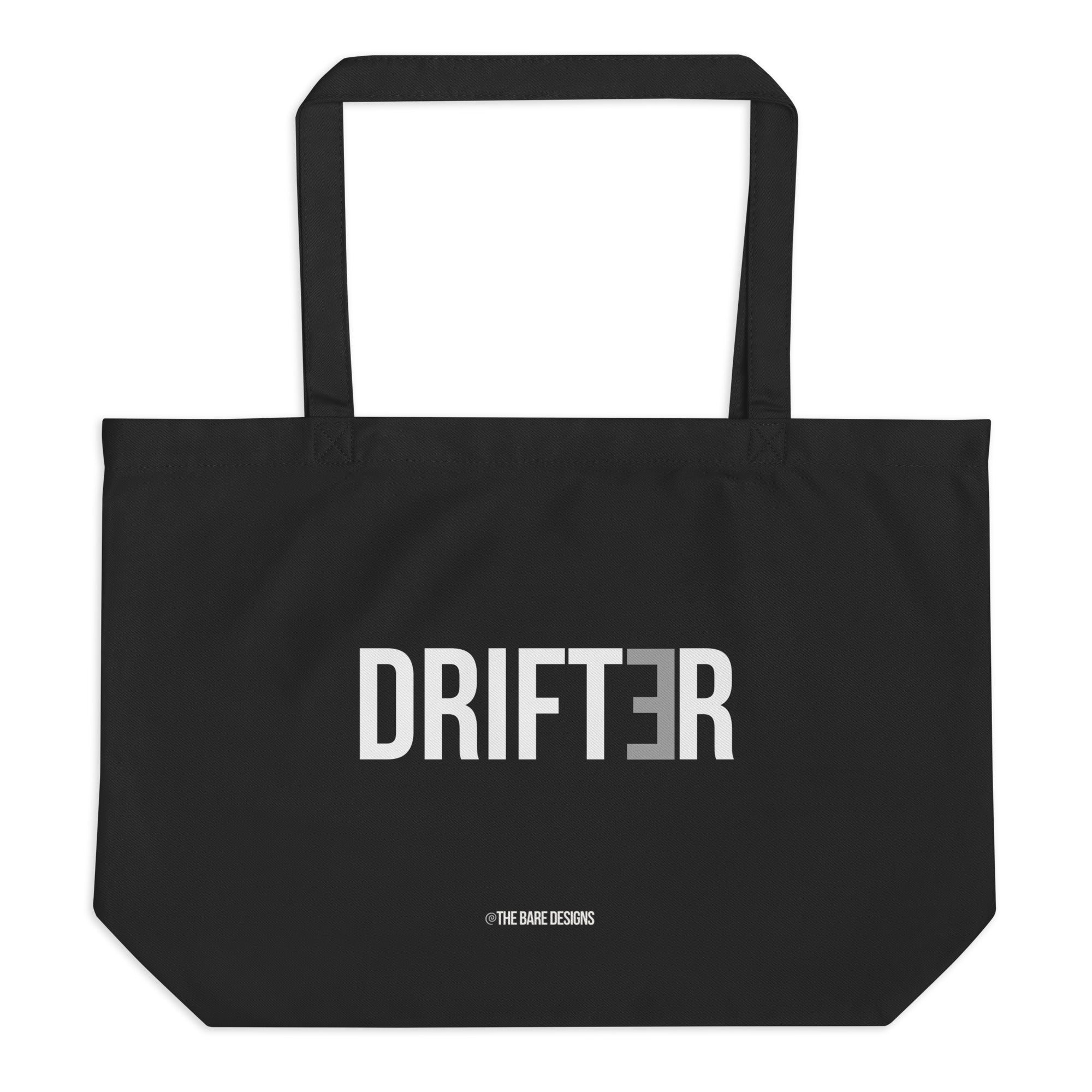 Black tote bag with 'DRIFTER' text on a white background