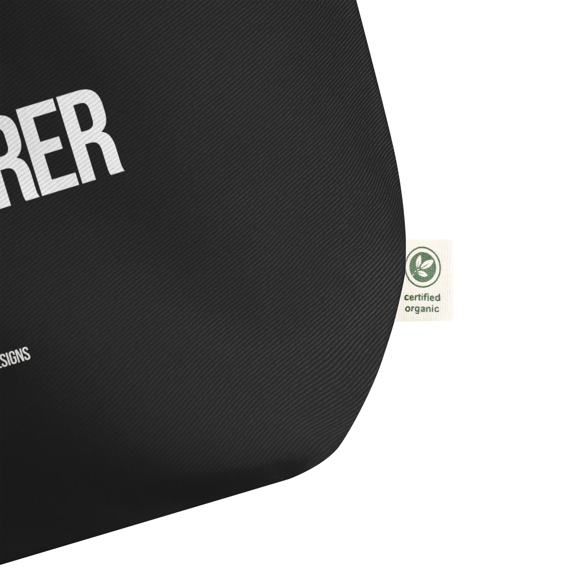Black tote bag with 'Certified Organic' label on a white background