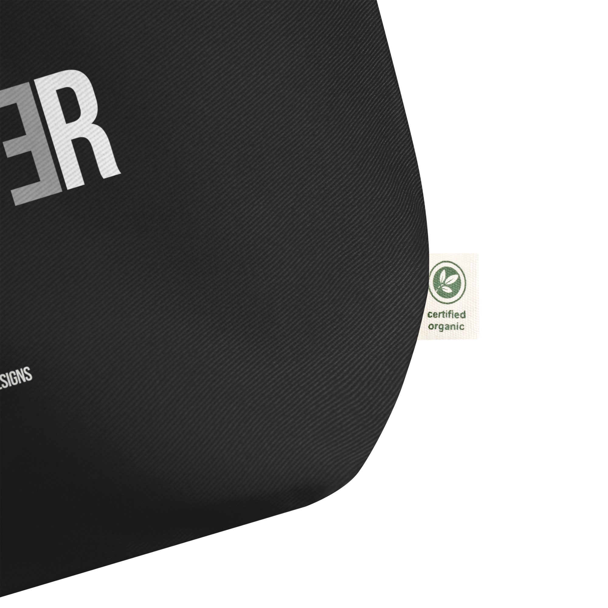 Black TOTE BAG with certified organic' label on a white background