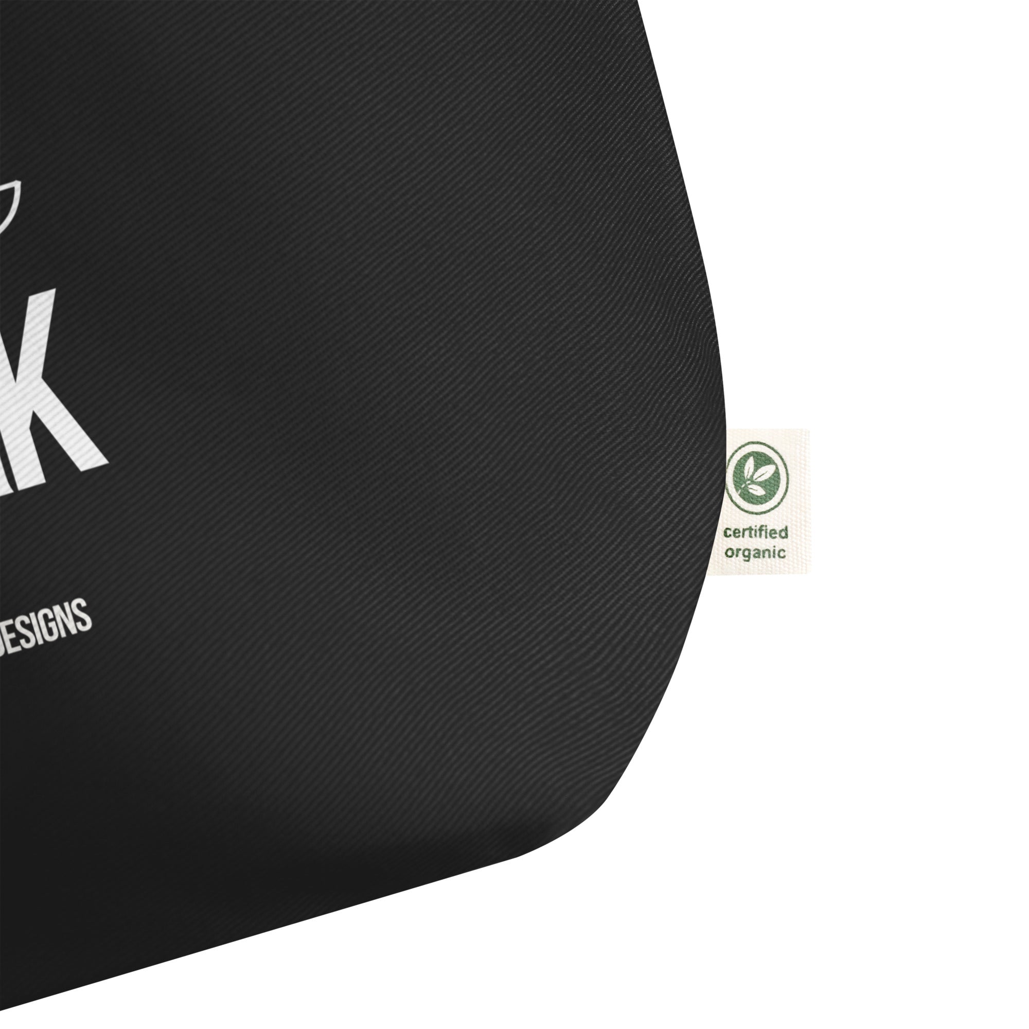 Black tote bag with 'Certified Organic' label on a white background