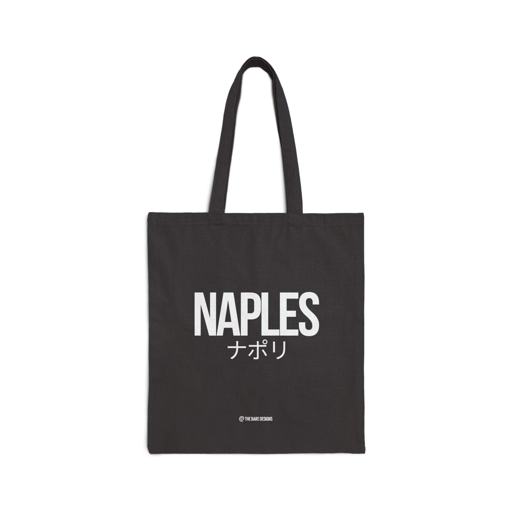 Black tote bag with 'NAPLES' printed on it against a white background