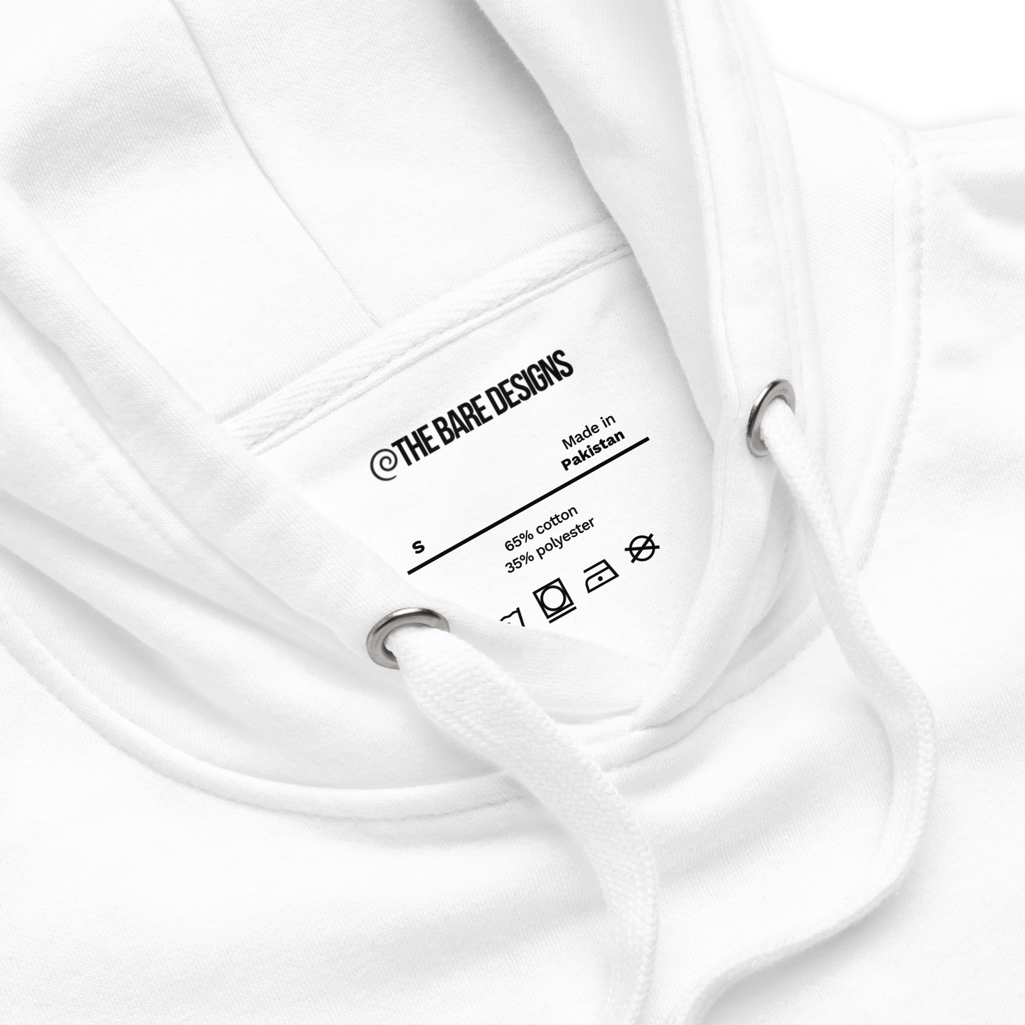 Close-up of a white hoodie with 'The Bare Designs' label on a white background